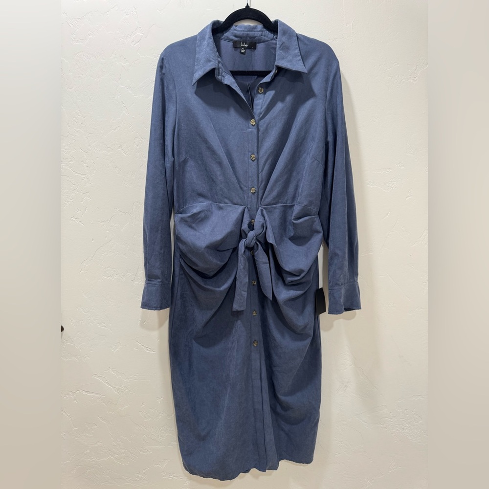 NWT Lulus Autumnal Views Dark Blue Suede Button-Up Tie-Front Midi Dress Women XL - Picture 5 of 16